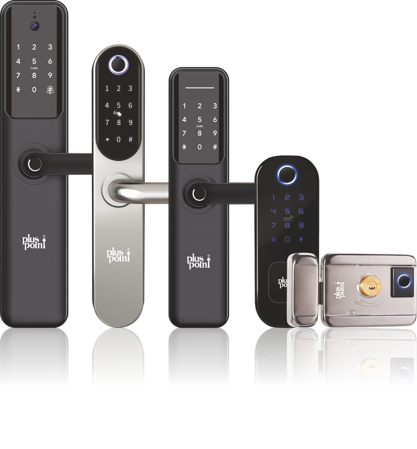 Digital Locks and Smart Security Solutions from Plus Point. Few product pictures shown standing on the surface.